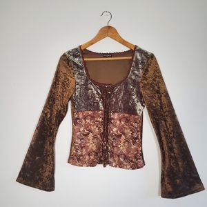 FANG Velveteen Lace Up Front Bell Sleeve Top